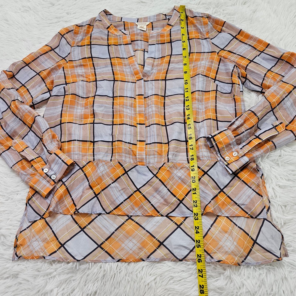 Sundance Women's Orange Plaid Long Sleeve 100% Silk Semi Sheer Blouse Sz M - Picture 6 of 9